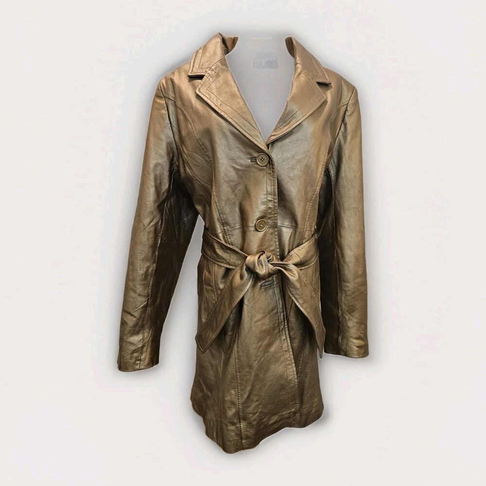 METROSTYLE Dark Gold Genuine Leather W Jacket/Coat Size 12 Belted Trench